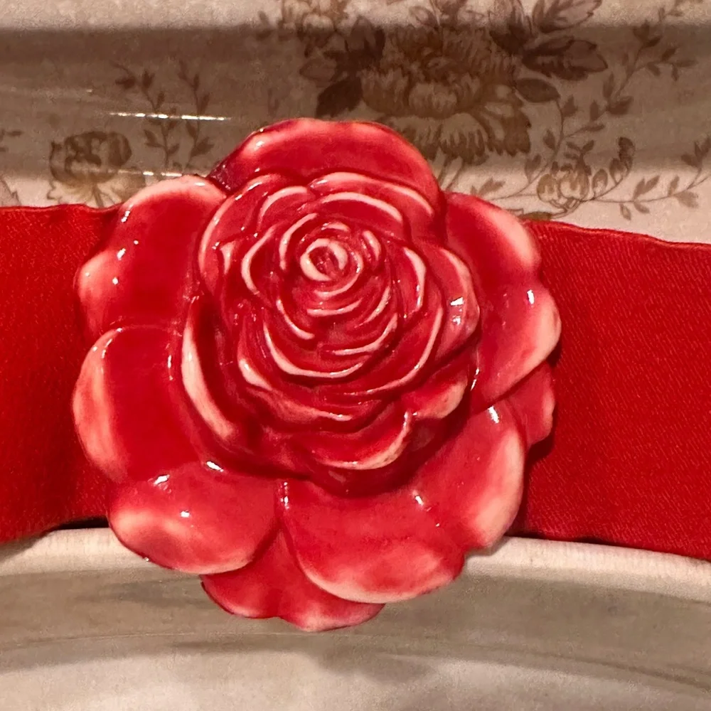 Vintage Red Floral Rose Stretchy Statement Belt